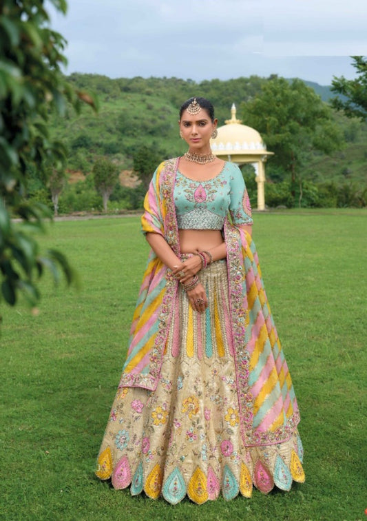 Glamour Off White And Blue Silk Bridal Lehenga Set
