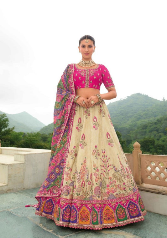 Colorful Off White And Pink Silk Bridal Lehenga With Embroidery Work