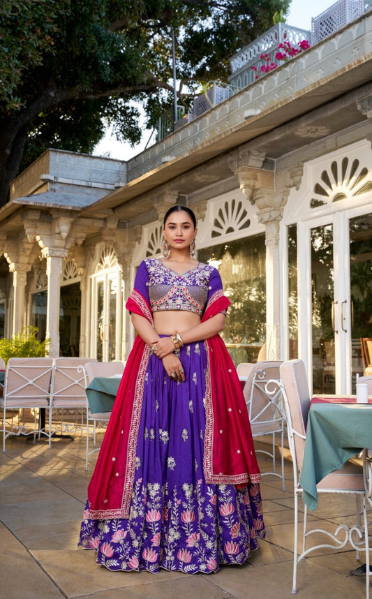 Vichitra Silk Purple Lehenga With Embroidery Work