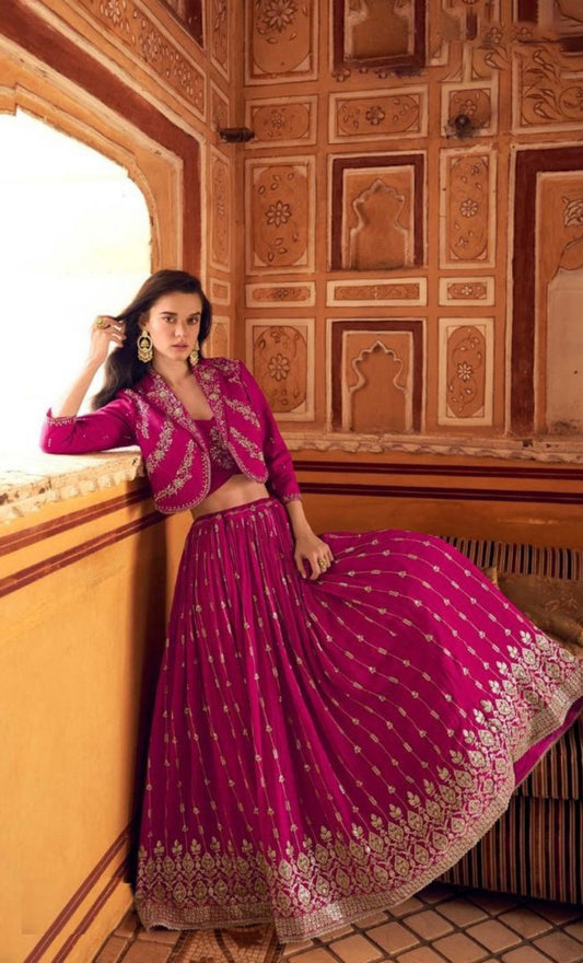 Women Pink Chinon Silk Lehenga Choli With Shrug