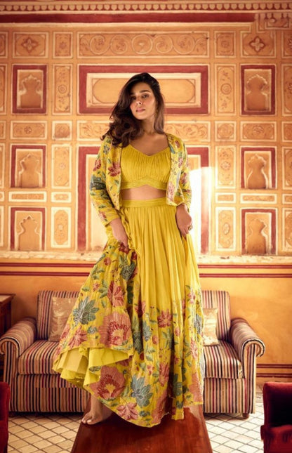 Women Yellow Silk Lehenga Choli With Shrug