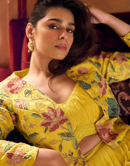 Women Yellow Silk Lehenga Choli With Shrug