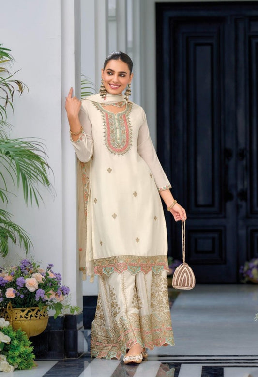 Fancy White Chinon Kurta Palazzo Dupatta Set