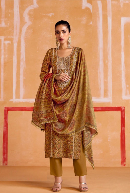 Breathtaking Khaki Muslin Banarasi Zari Digital Print With Embroidery Work Straight-Cut Suit Set