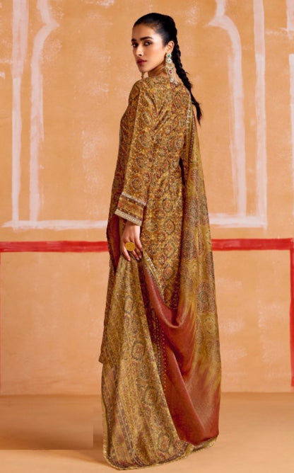 Breathtaking Khaki Muslin Banarasi Zari Digital Print With Embroidery Work Straight-Cut Suit Set