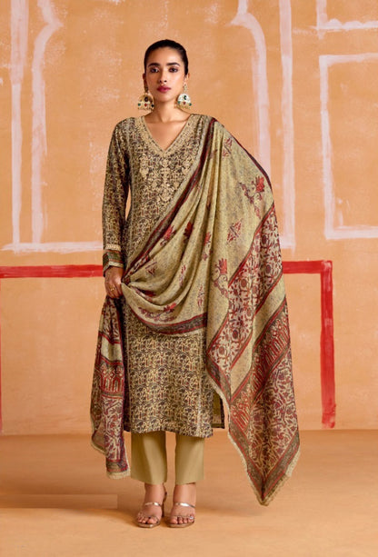 Opalescent Beige Muslin Banarasi Zari Digital Print With Embroidery Work Straight-Cut Suit Set