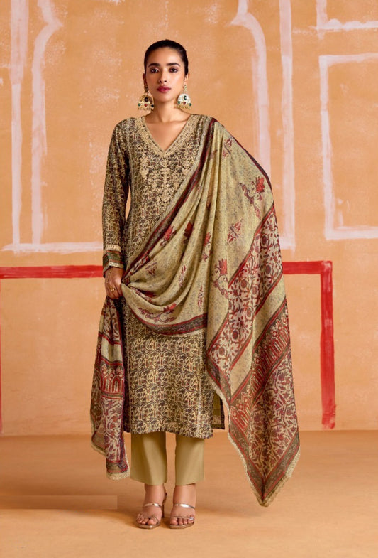 Opalescent Beige Muslin Banarasi Zari Digital Print With Embroidery Work Straight-Cut Suit Set