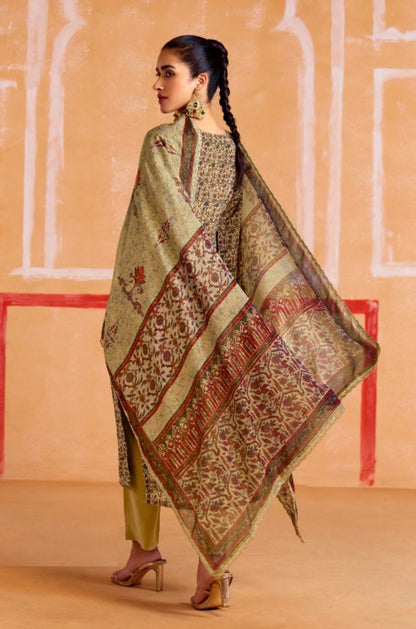 Opalescent Beige Muslin Banarasi Zari Digital Print With Embroidery Work Straight-Cut Suit Set
