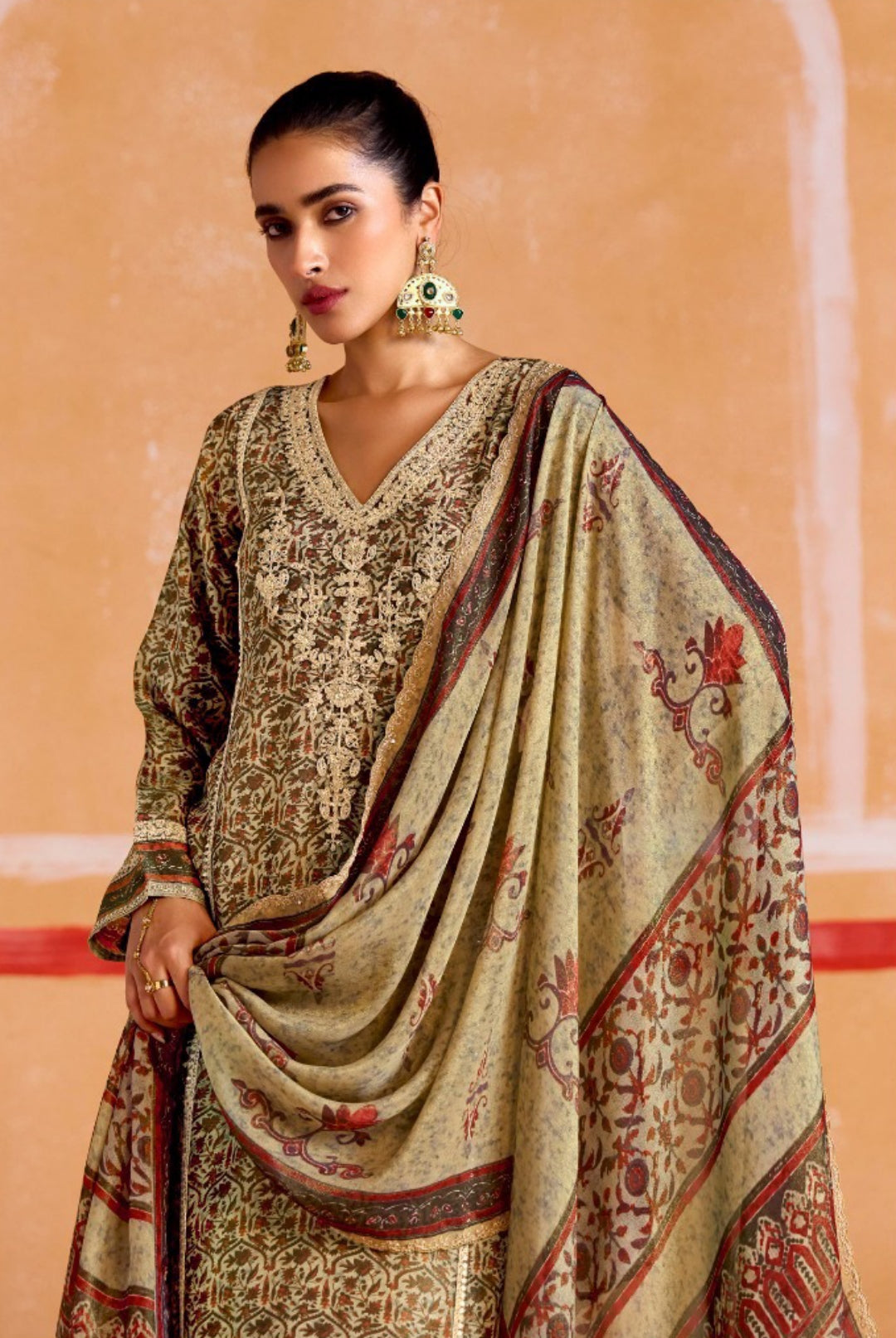 Opalescent Beige Muslin Banarasi Zari Digital Print With Embroidery Work Straight-Cut Suit Set