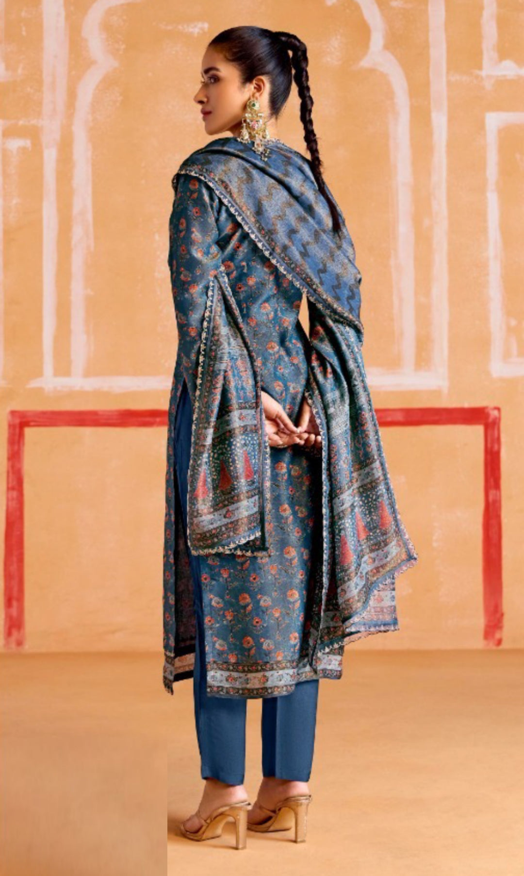 Luxe Navy Blue Muslin Banarasi Zari Digital Print With Embroidery Work Straight-Cut Suit Set