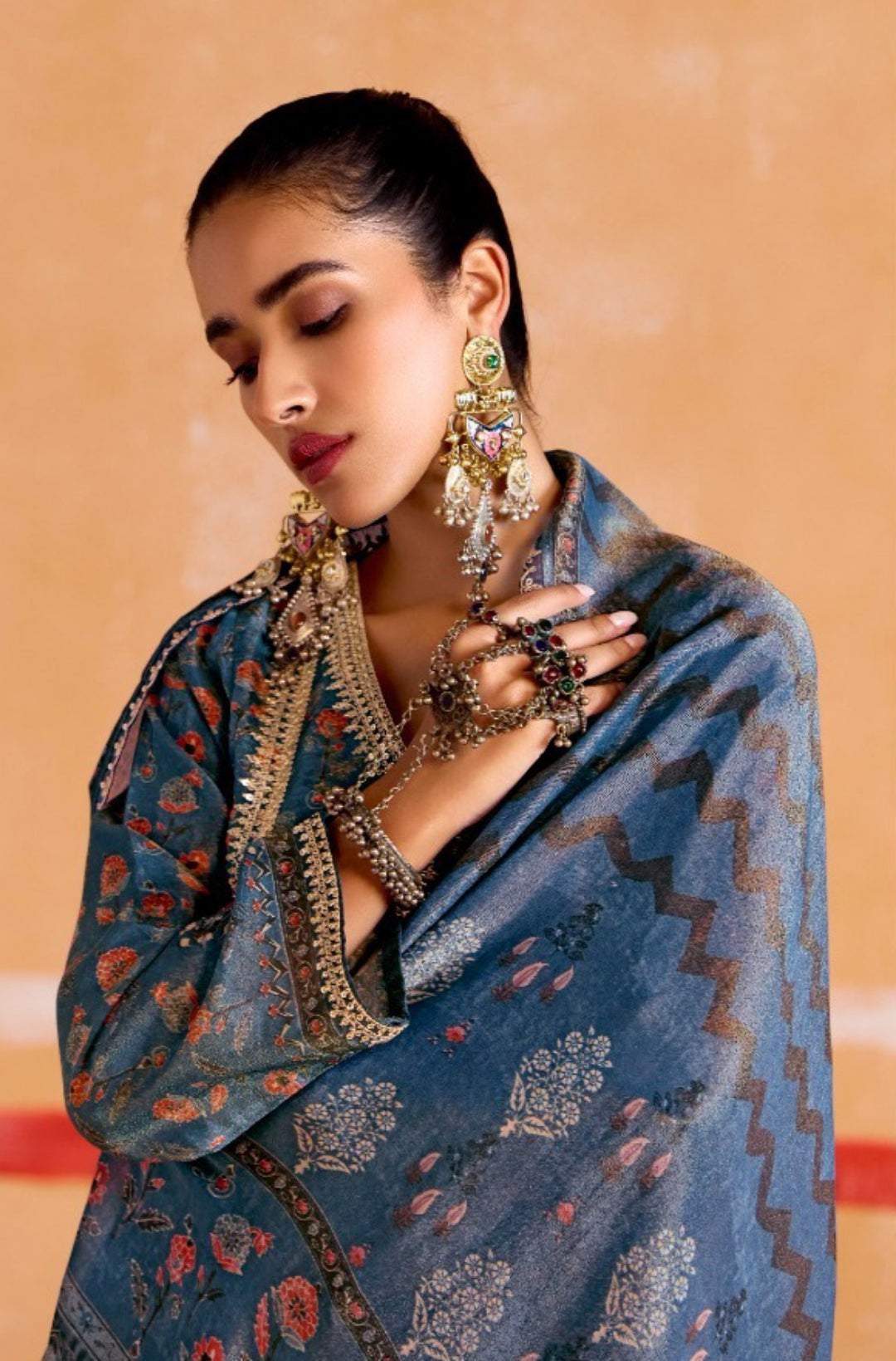 Luxe Navy Blue Muslin Banarasi Zari Digital Print With Embroidery Work Straight-Cut Suit Set