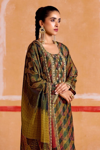 Immaculate Green Muslin Banarasi Zari Digital Print With Embroidery Work Straight-Cut Suit Set