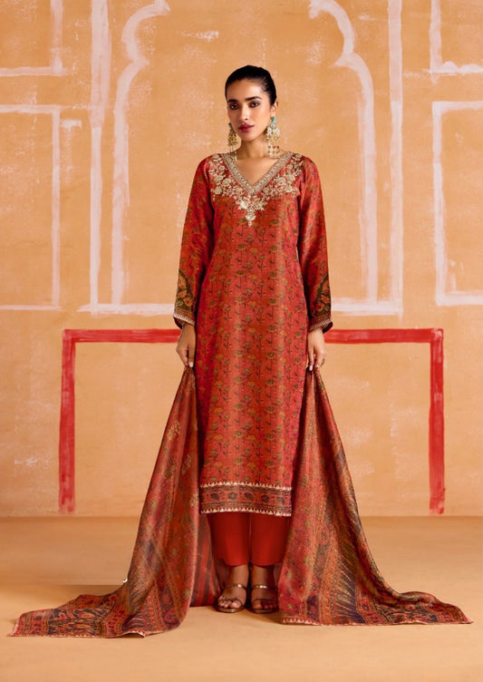 Vivid Rust Muslin Banarasi Zari Digital Print With Embroidery Work Straight-Cut Suit Set