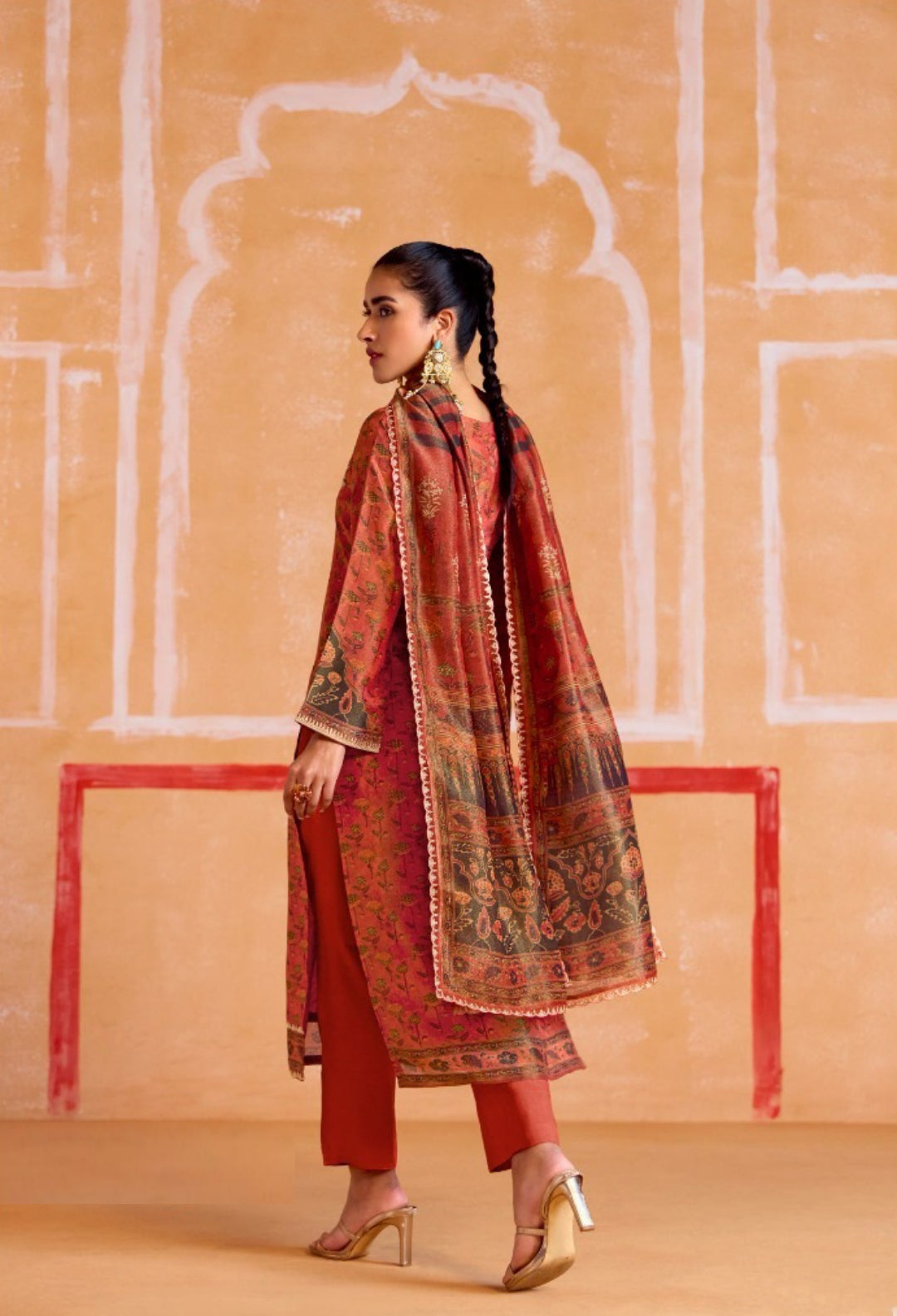 Vivid Rust Muslin Banarasi Zari Digital Print With Embroidery Work Straight-Cut Suit Set