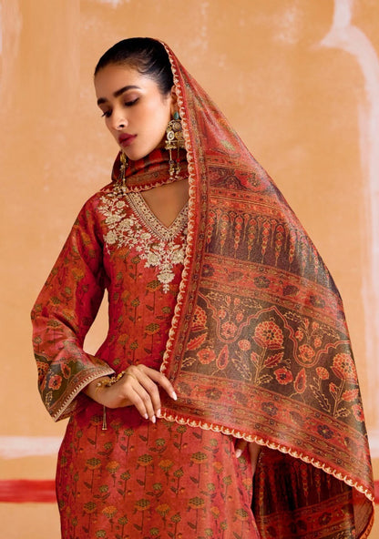 Vivid Rust Muslin Banarasi Zari Digital Print With Embroidery Work Straight-Cut Suit Set