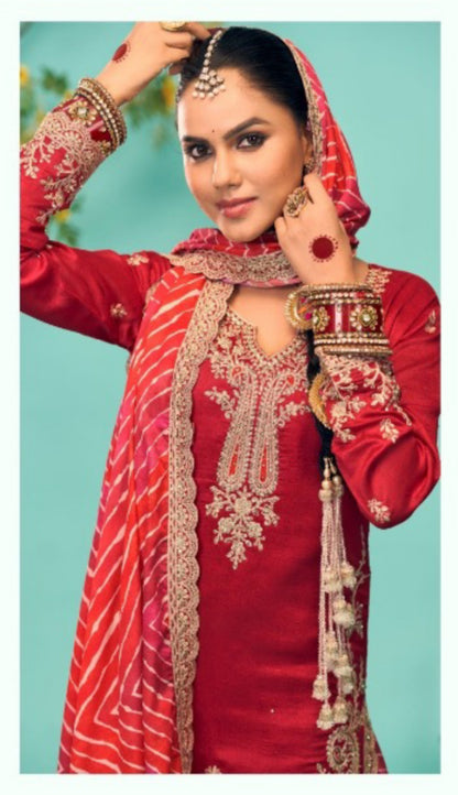 Pretty Red Chinon Dhoti Pant Suit Set
