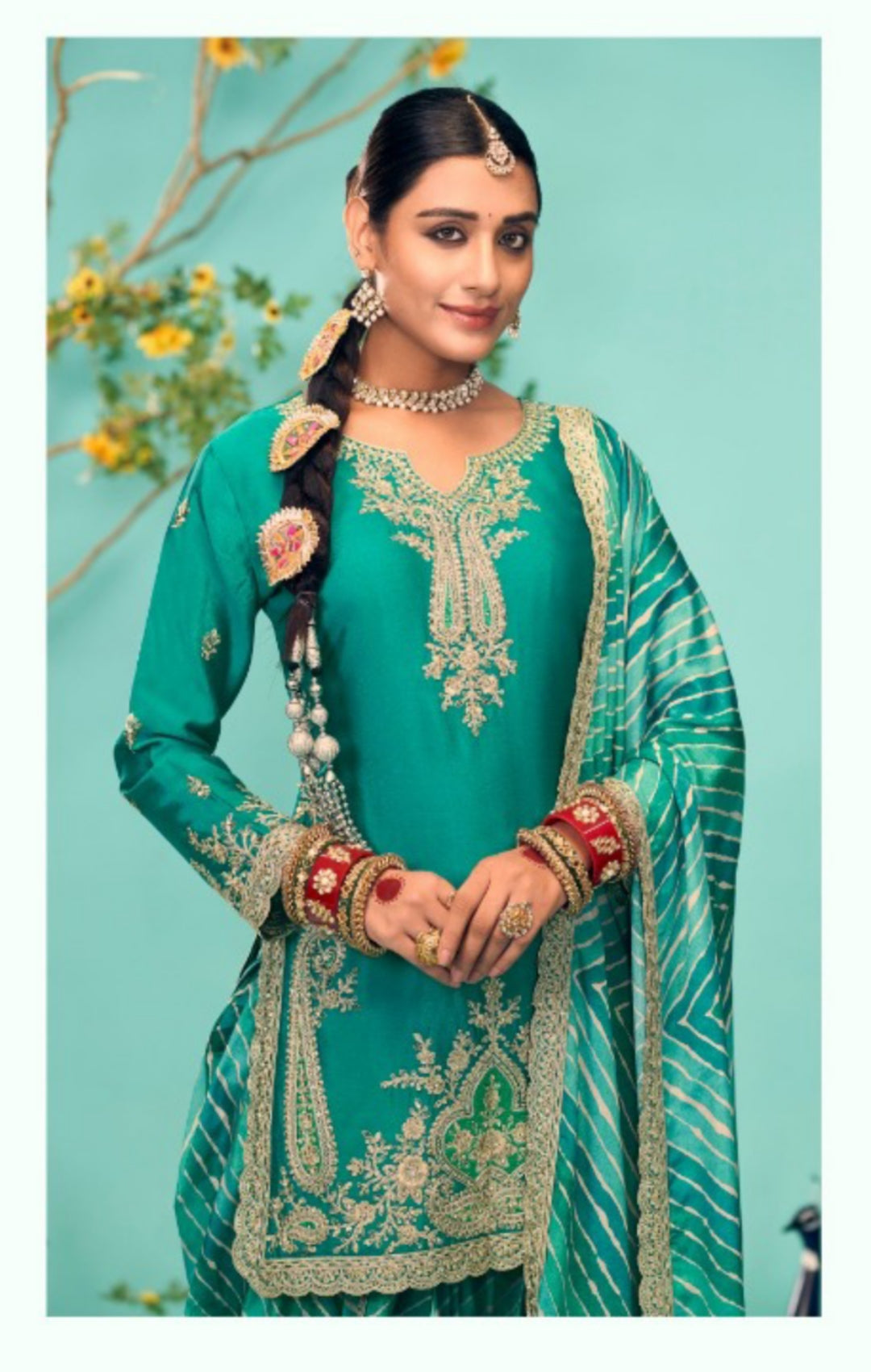 Charming Rama Green Chinon Dhoti Pant Suit Set