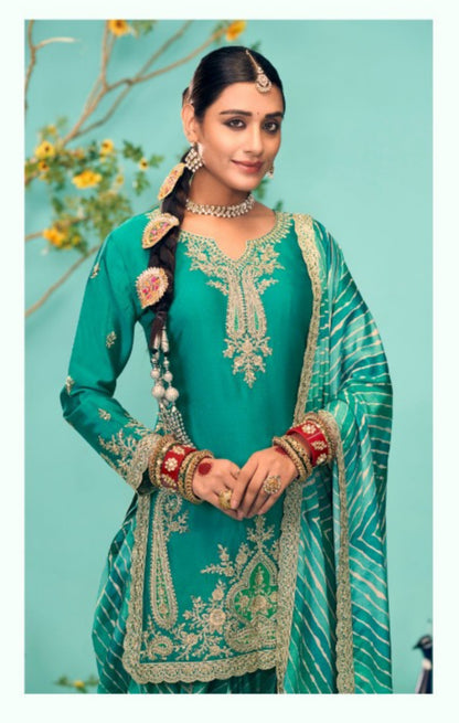 Charming Rama Green Chinon Dhoti Pant Suit Set