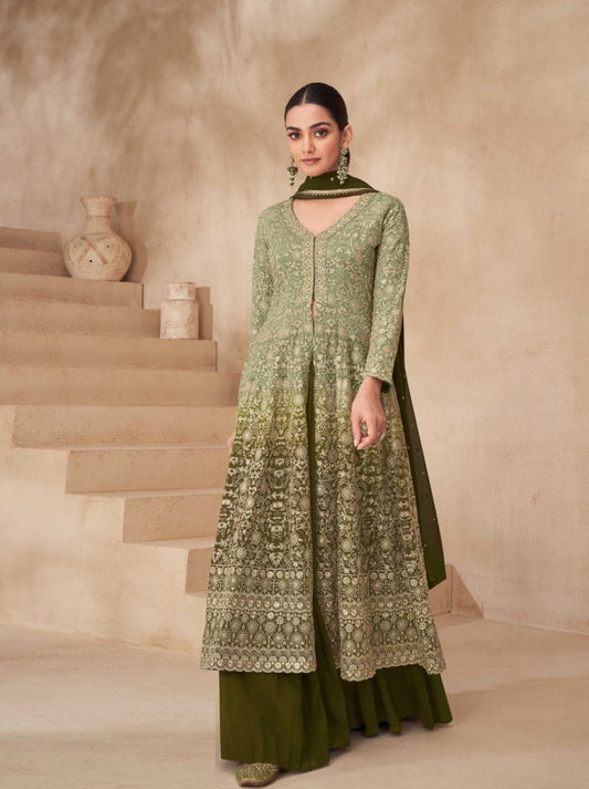 Women Georgette Mehndi Green Front-Slit Salwar Suit Set