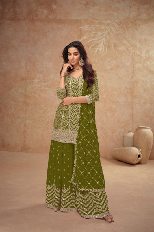 Dark Mehndi Green Chinon Palazzo Suit Set
