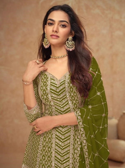 Dark Mehndi Green Chinon Palazzo Suit Set