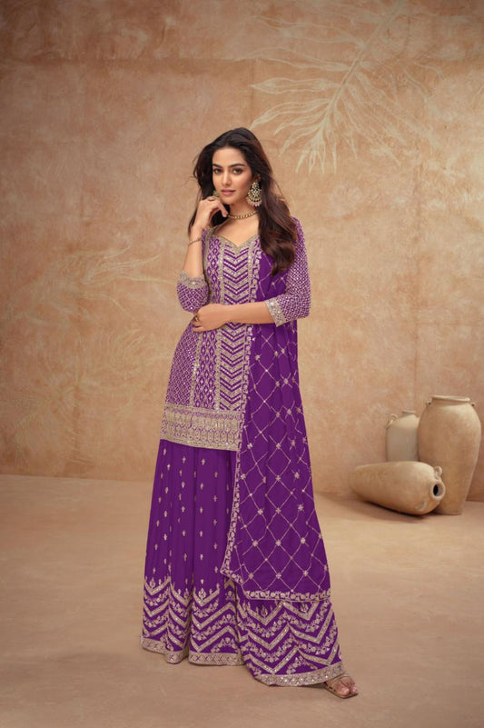 Women Purple Chinon Fabric Palazzo Suit Set