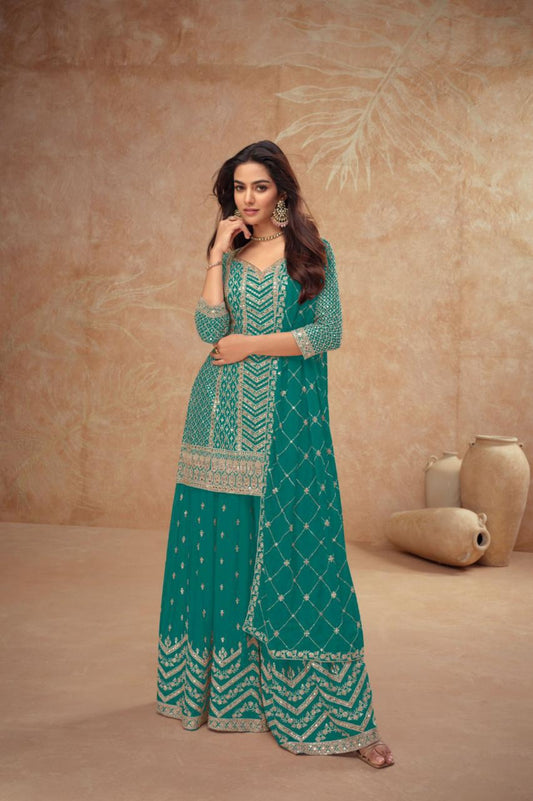 Latest Teal Chinon Palazzo Suit Set