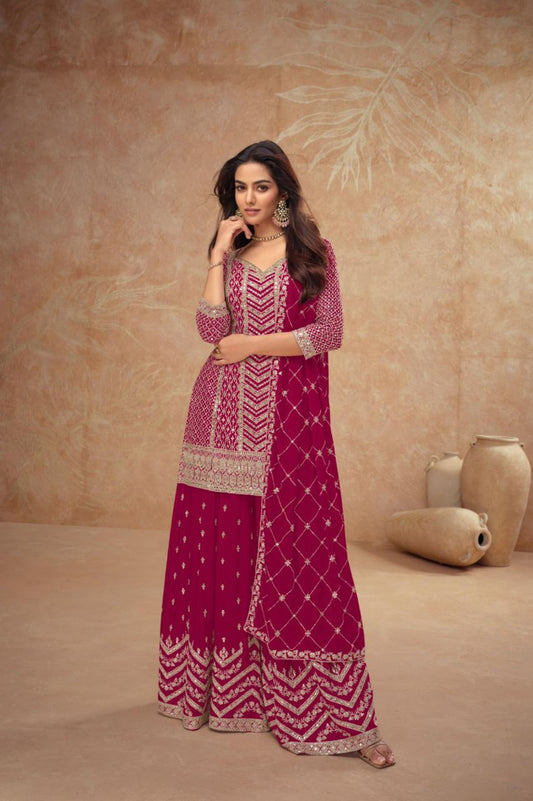 Unique Pink Chinon Palazzo Suit Set
