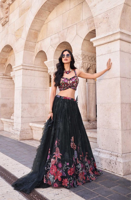 Stylish Black Chinon Silk Stylish Lehenga Set