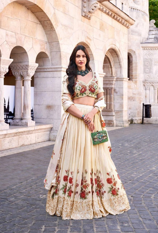 Vibrant Cream Chinon Silk Stylish Lehenga Set