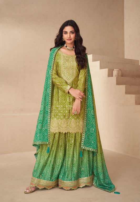 Comfort Multi Rama Green Chinon Silk Palazzo Suit Set