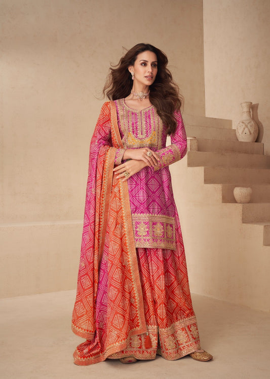 Women Pink And Orange Chinon Silk Palazzo Suit Set