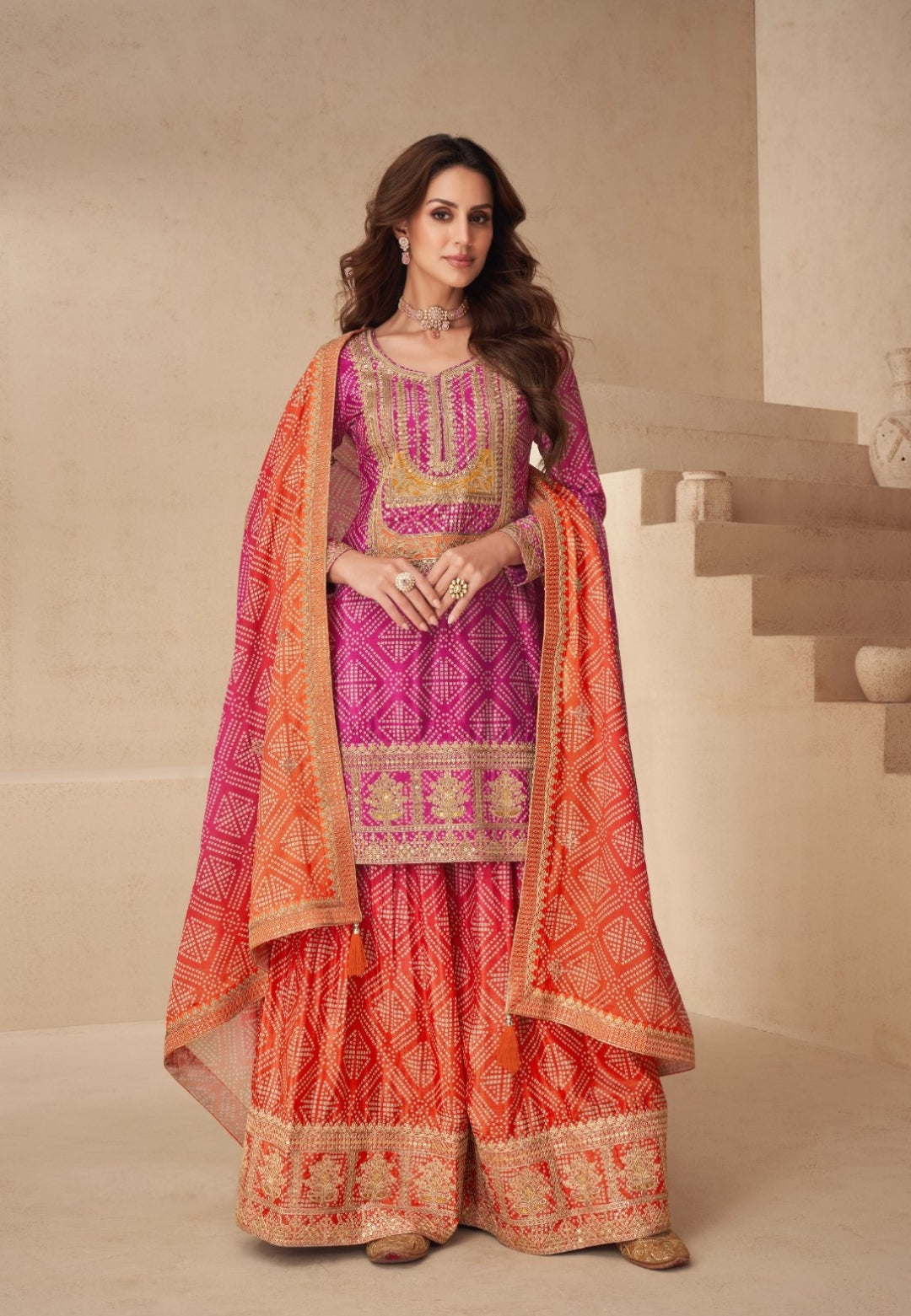 Women Pink And Orange Chinon Silk Palazzo Suit Set