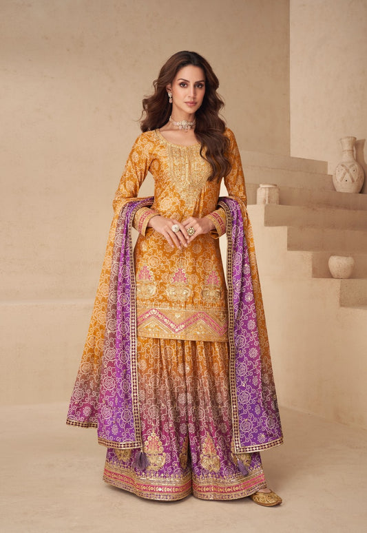 Women Orange Multi Chinon Silk Palazzo Suit Set