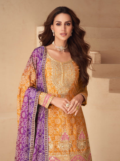 Women Orange Multi Chinon Silk Palazzo Suit Set