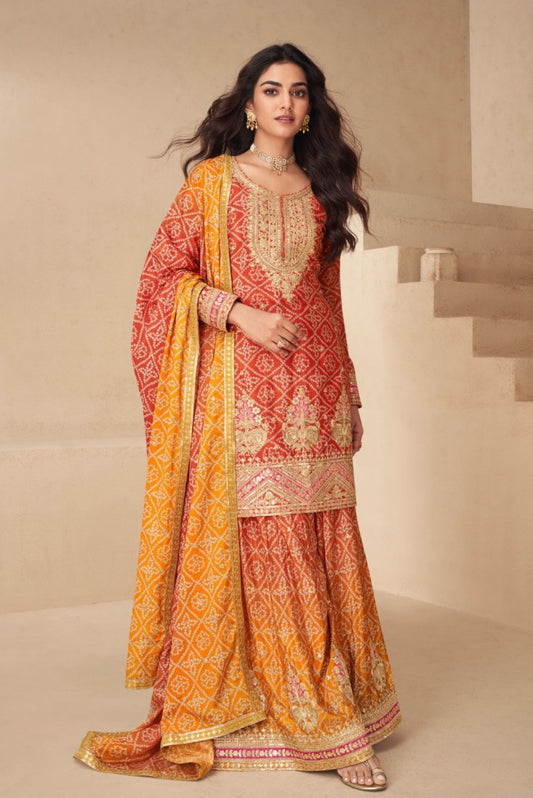 Women Red And Orange Chinon Silk Palazzo Suit Set