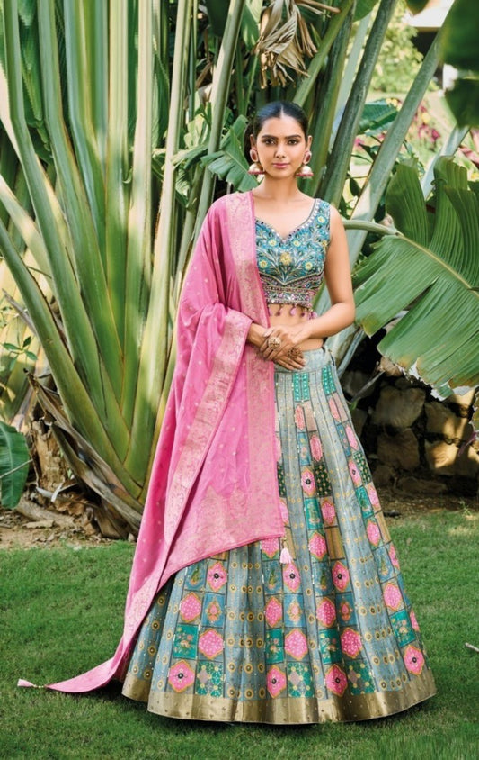 Amazing Grey And Blue Silk With Embroidery Work Bridal Lehenga