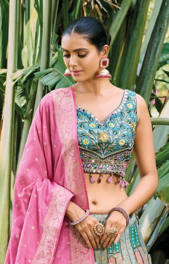 Amazing Grey And Blue Silk With Embroidery Work Bridal Lehenga