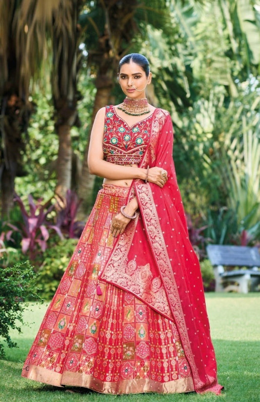 Beautiful Red Multi Silk With Embroidery Work Bridal Lehenga