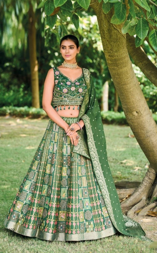 Lustrous Green Silk With Embroidery Work Bridal Lehenga