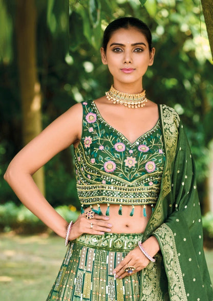 Lustrous Green Silk With Embroidery Work Bridal Lehenga