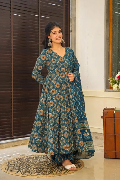Perfect Teal Digital Print Anarkali Suit Set
