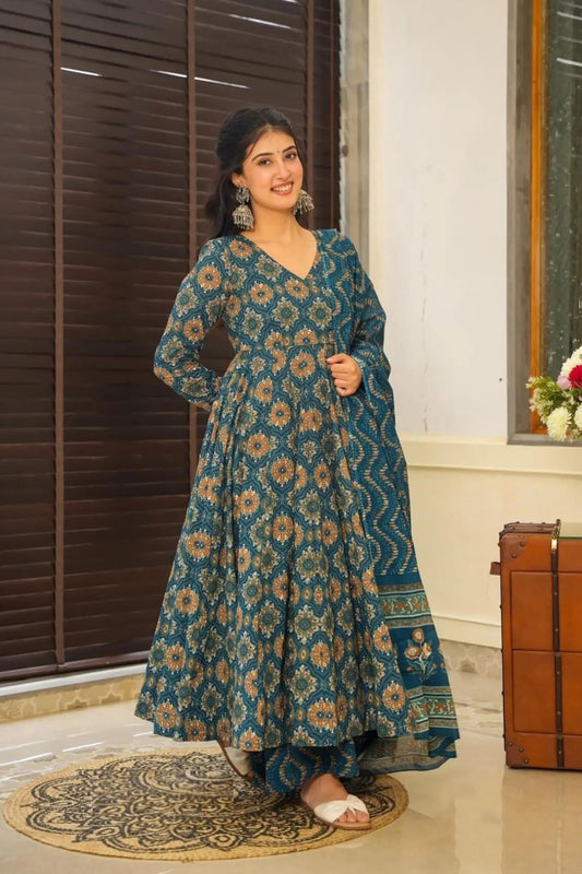 Perfect Teal Digital Print Anarkali Suit Set