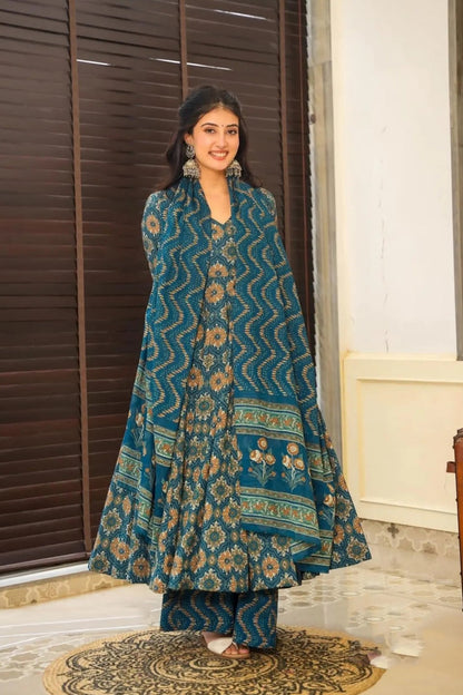 Perfect Teal Digital Print Anarkali Suit Set