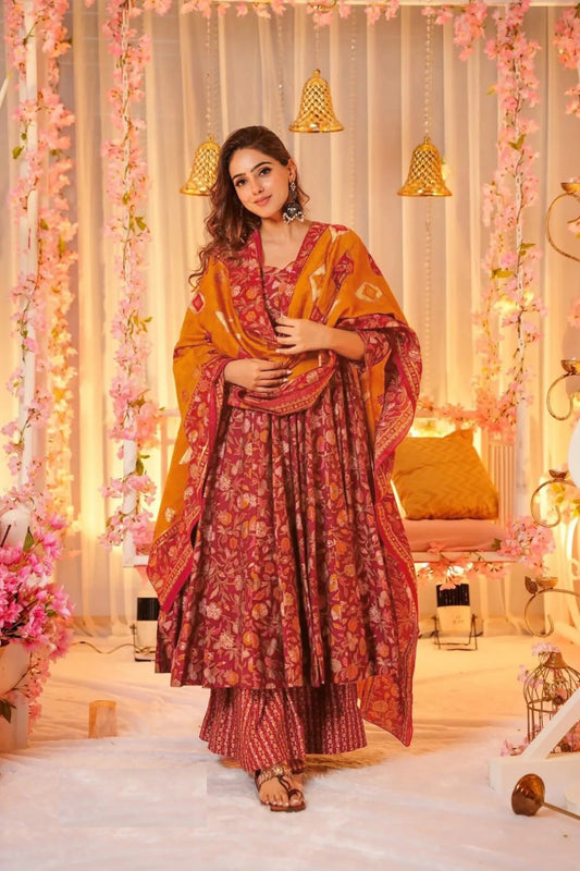 Elegant Maroon Muslin Digital Print Anarkali Suit Set
