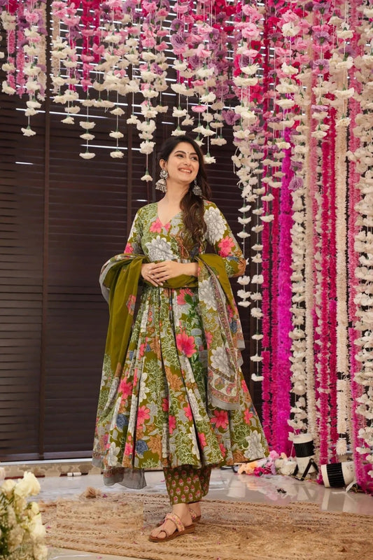 Incredible Multi Green Digital Print Anarkali Suit Set