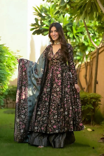 Styles Black Muslin Digital Print Anarkali Suit Set