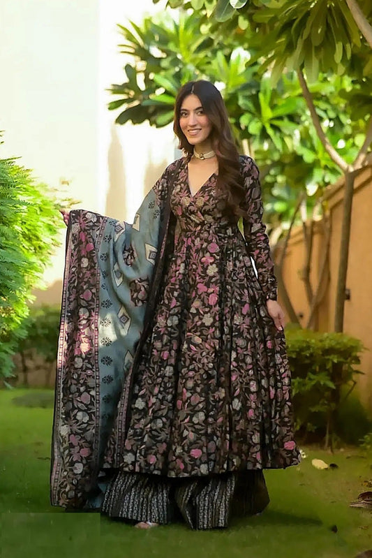 Styles Black Muslin Digital Print Anarkali Suit Set