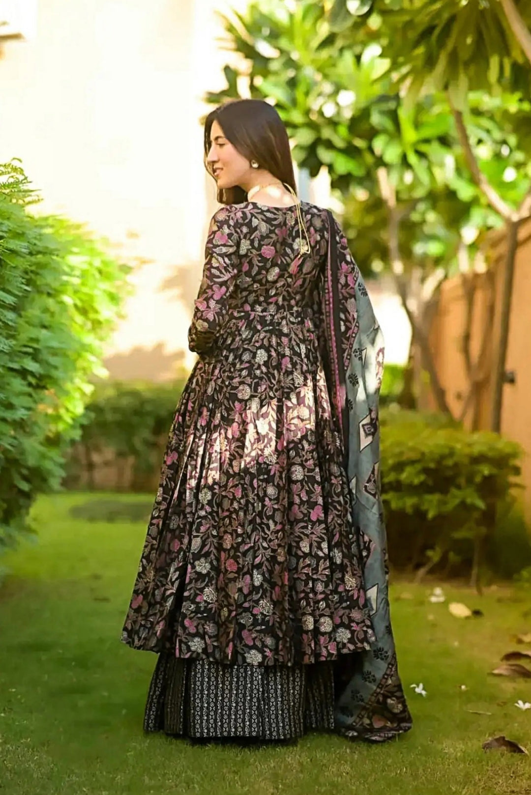 Styles Black Muslin Digital Print Anarkali Suit Set