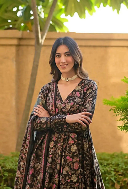 Styles Black Muslin Digital Print Anarkali Suit Set